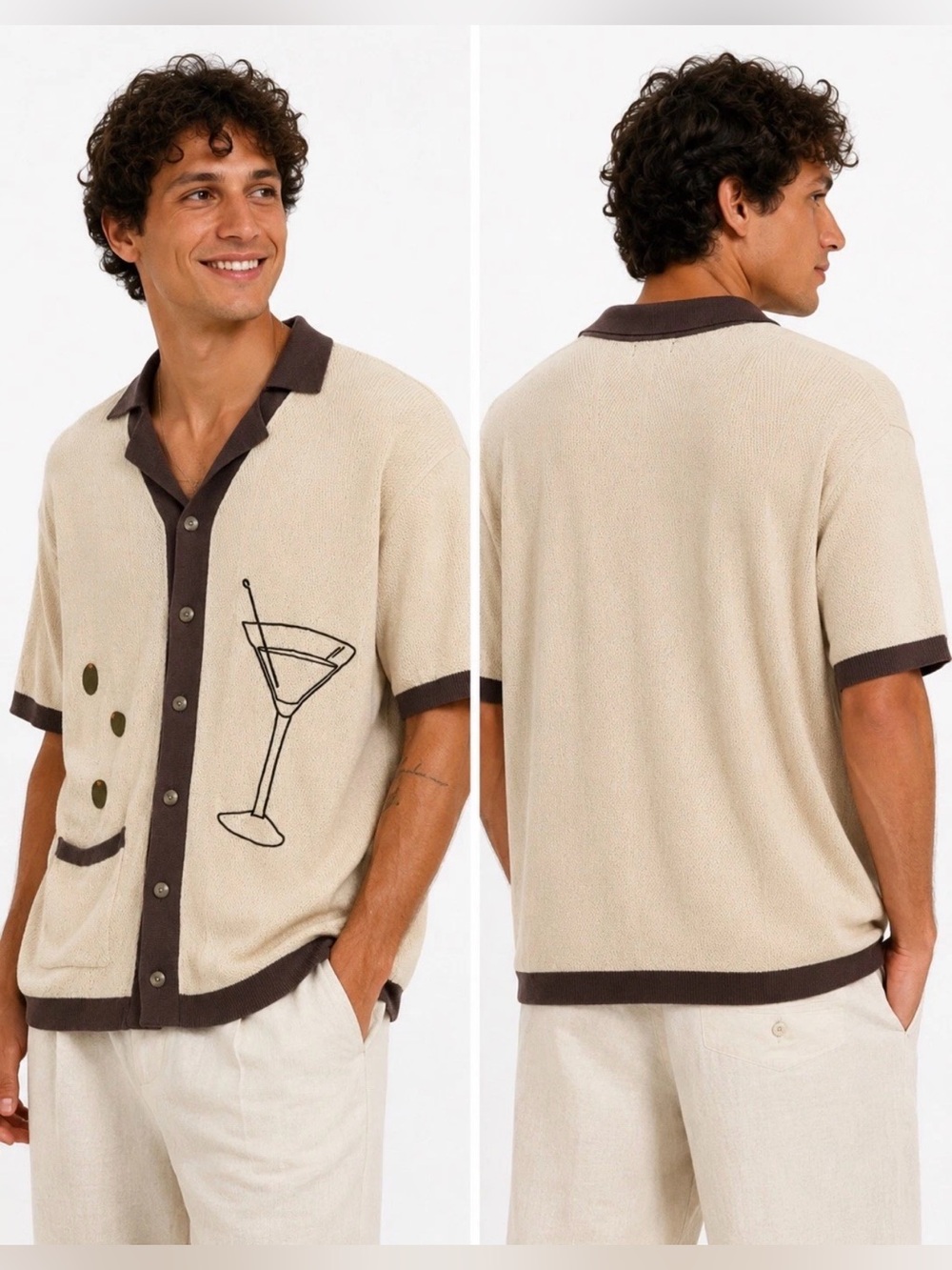 Art of Rhetoric Knit Bowling Shirt Martini Olive Embroidery Retro Cocktail SZ S